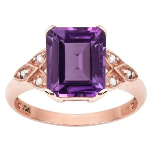 10k Rose Gold Vintage Style Genuine Emerald-Cut Amethyst and Diamond Ring