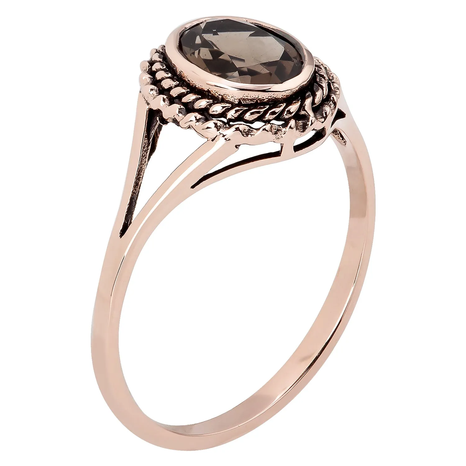 10k Rose Gold Vintage Style Genuine Oval Smoky Quartz Split Shank Ring
