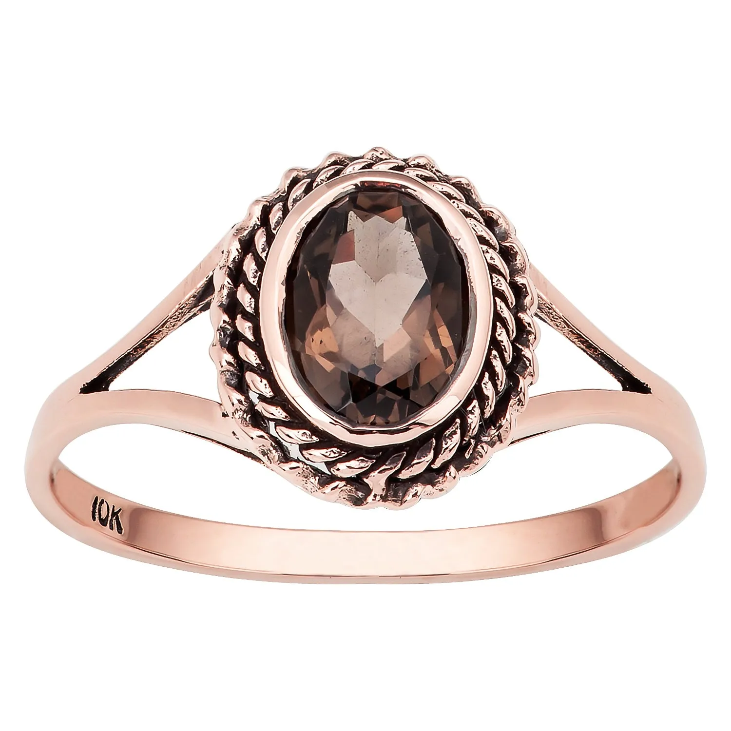 10k Rose Gold Vintage Style Genuine Oval Smoky Quartz Split Shank Ring