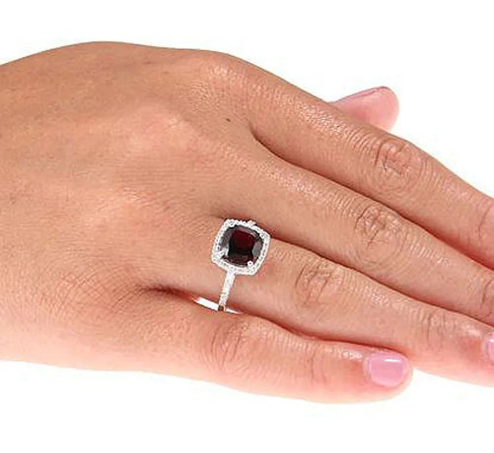 10k White Gold Cushion Garnet and Diamond Halo Ring