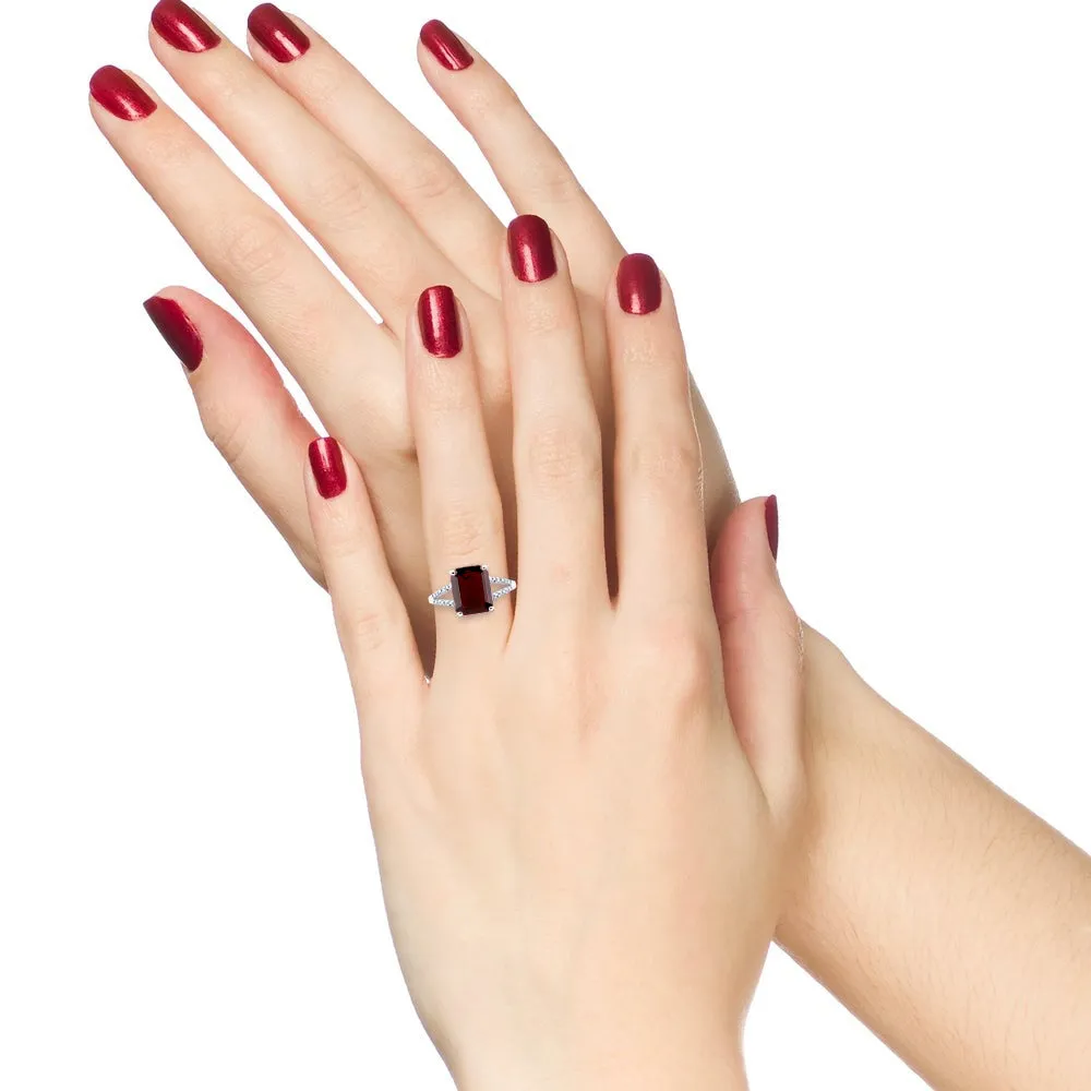 10k White Gold Genuine Emerald-Shape Garnet and Split-Shank Diamond Ring