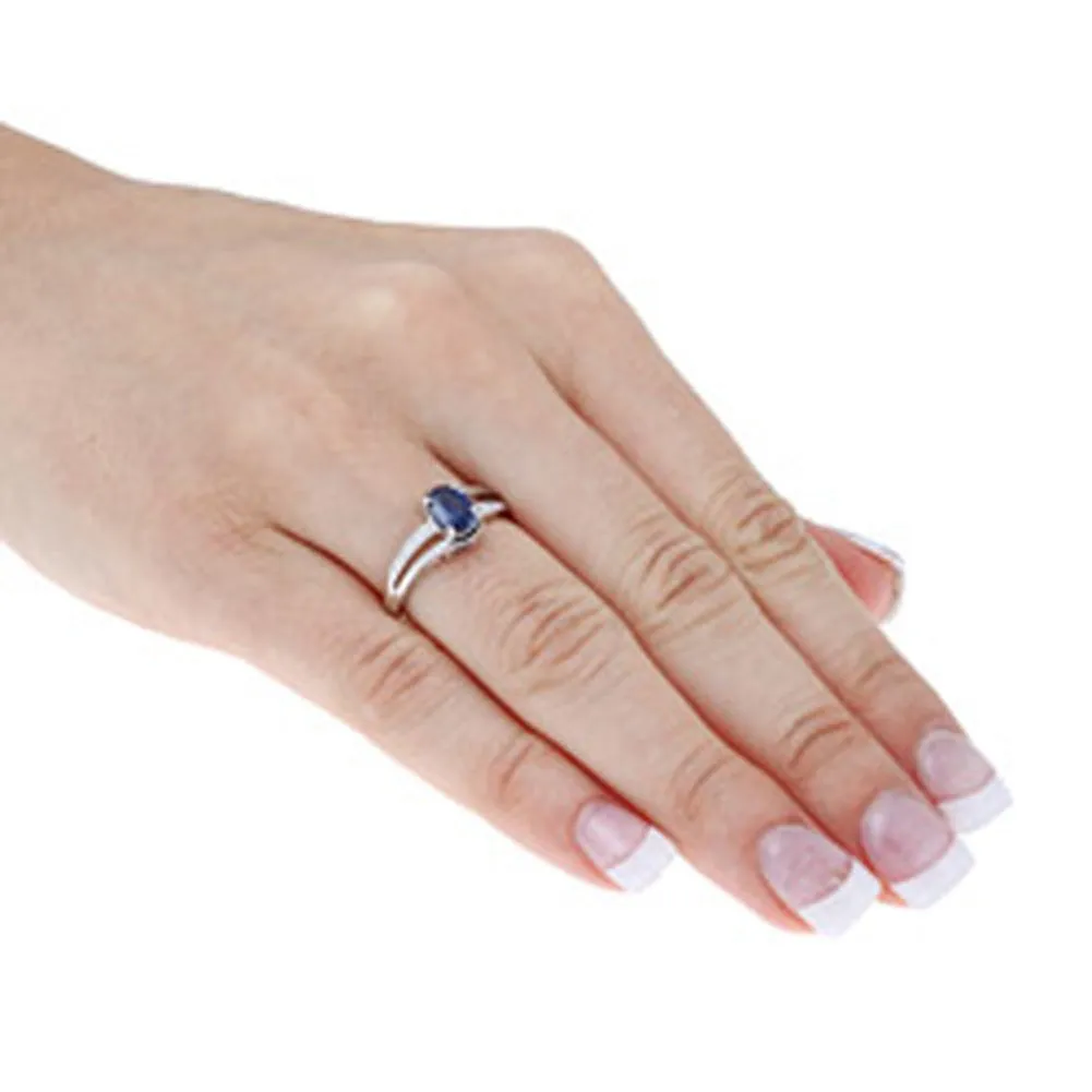 10k White Gold Oval Blue Sapphire and Split-Shank Diamond Ring