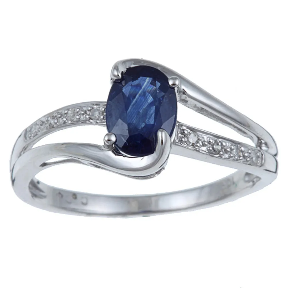 10k White Gold Oval Blue Sapphire and Split-Shank Diamond Ring