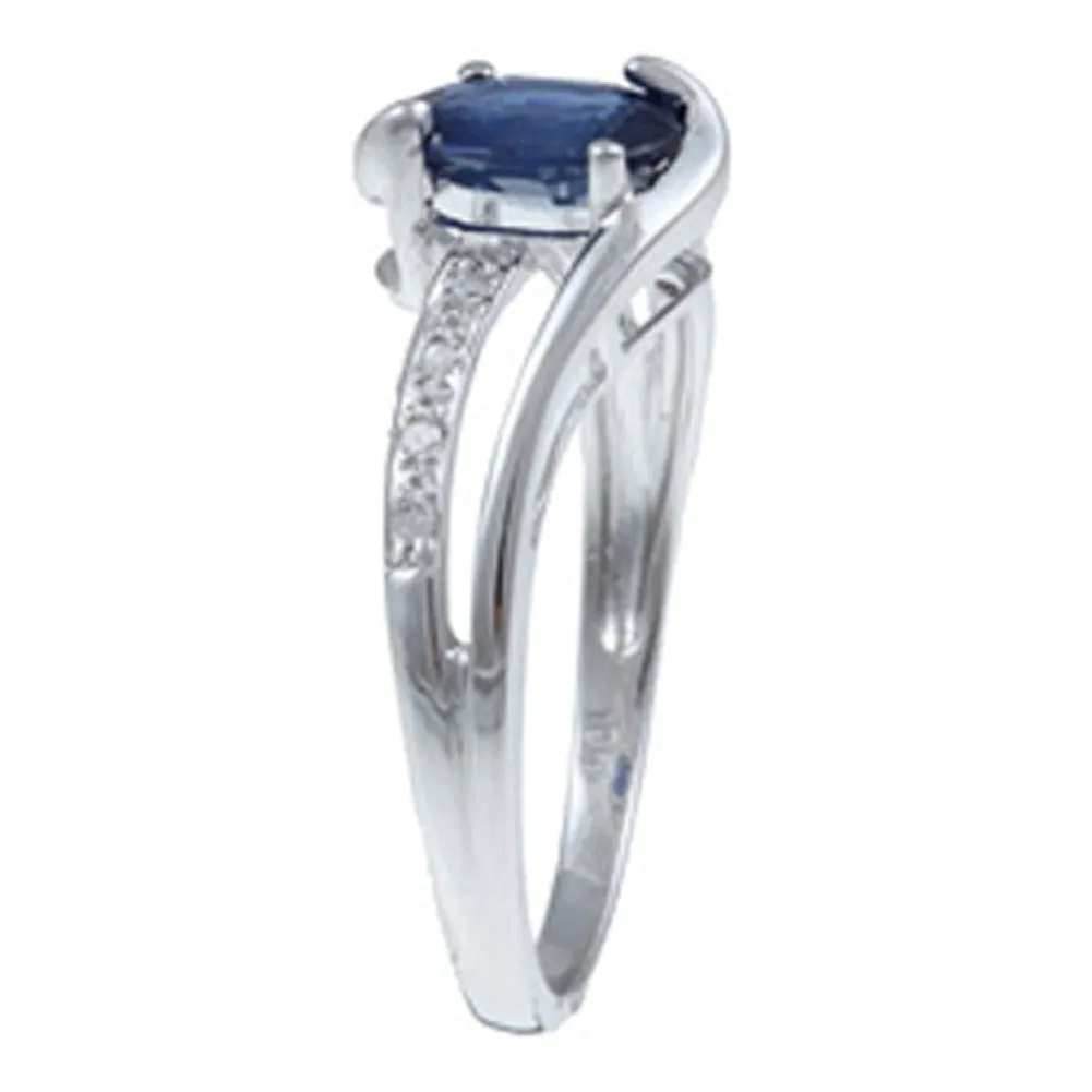 10k White Gold Oval Blue Sapphire and Split-Shank Diamond Ring
