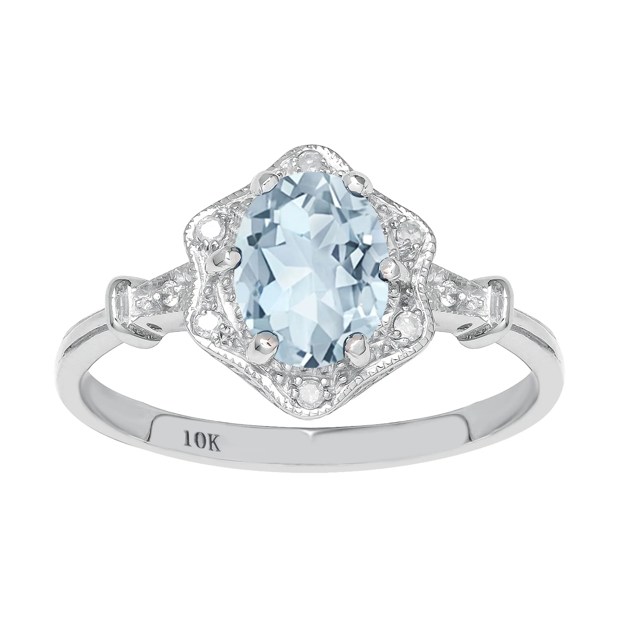10k White Gold Vintage Style Genuine Oval Aquamarine and Diamond Halo Ring