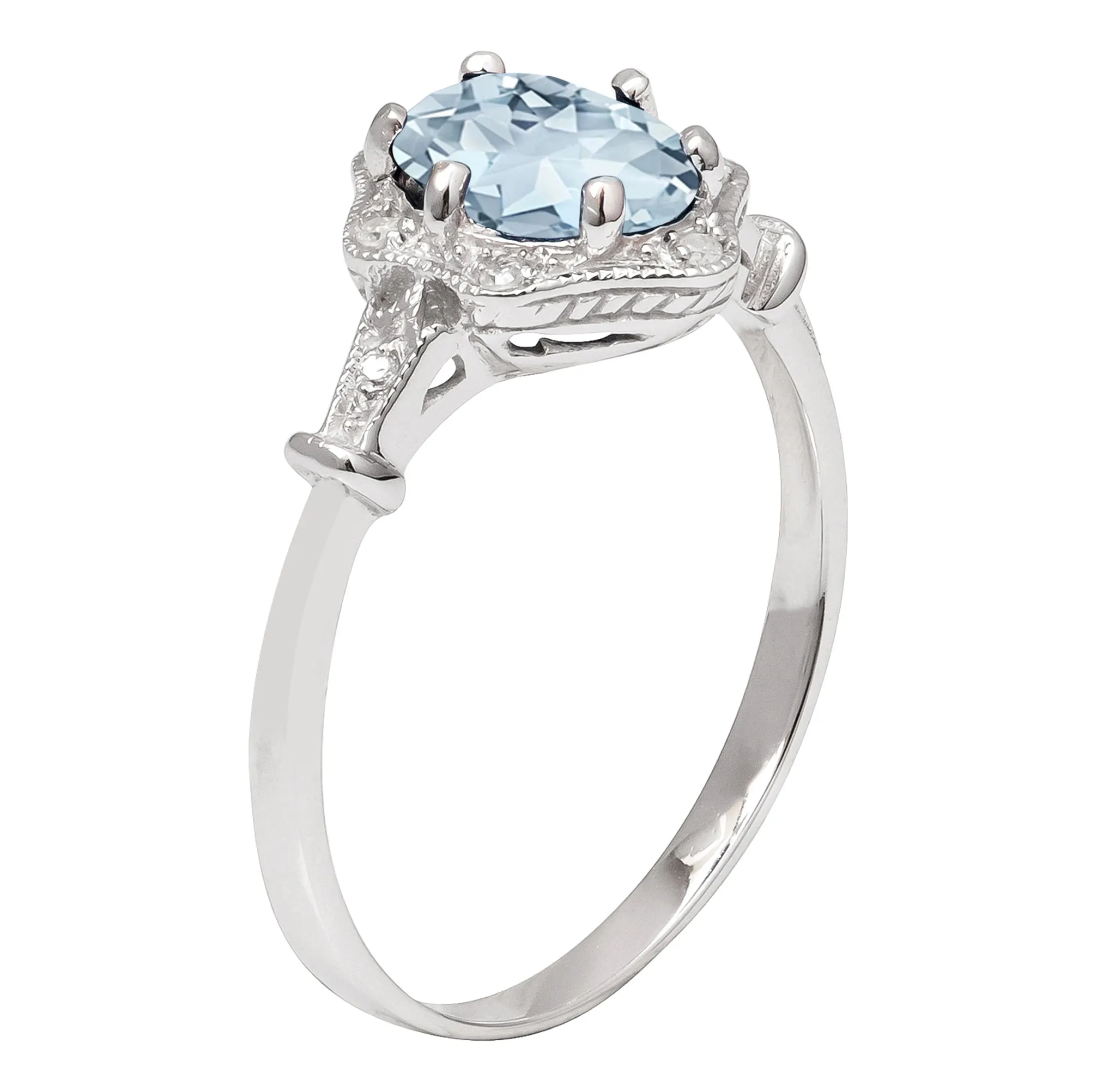 10k White Gold Vintage Style Genuine Oval Aquamarine and Diamond Halo Ring