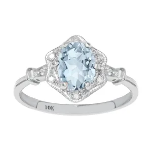 10k White Gold Vintage Style Genuine Oval Aquamarine and Diamond Halo Ring