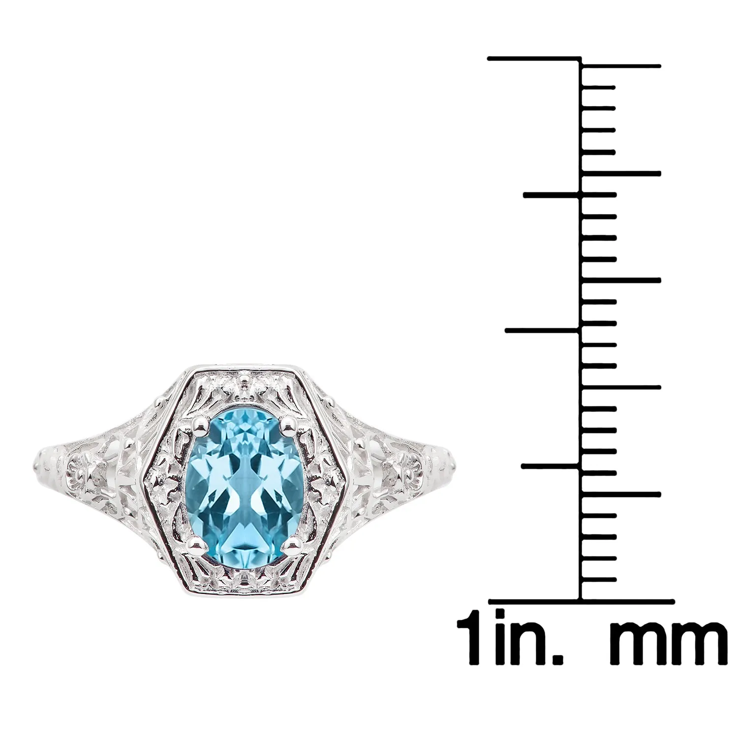 10k White Gold Vintage Style Genuine Oval Blue Topaz Filigree Ring