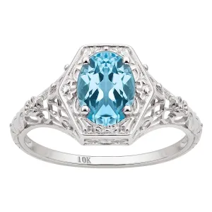 10k White Gold Vintage Style Genuine Oval Blue Topaz Filigree Ring