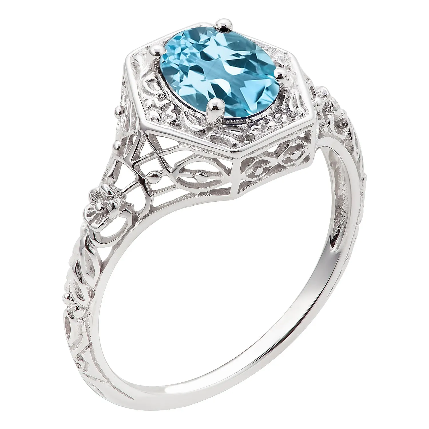 10k White Gold Vintage Style Genuine Oval Blue Topaz Filigree Ring