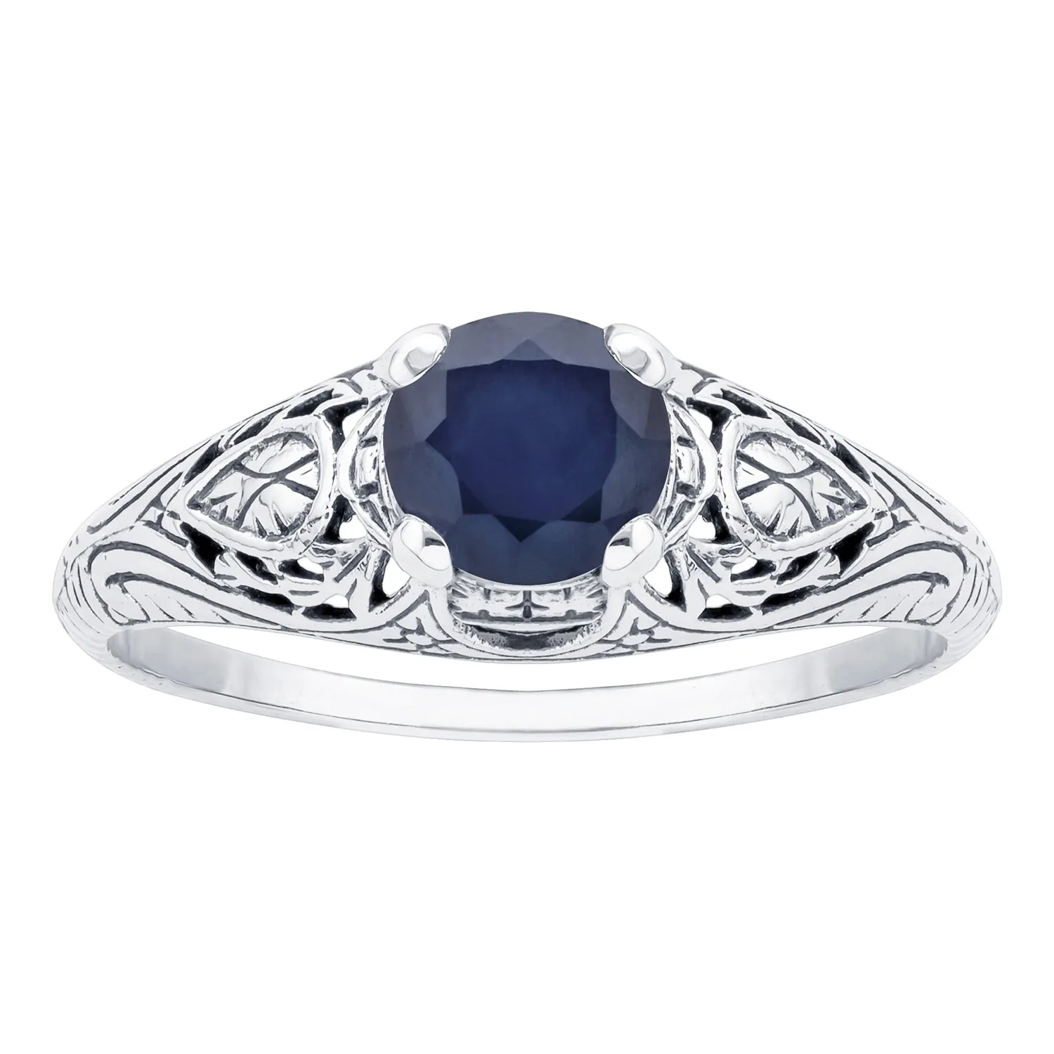 10k  White Gold Vintage Style Genuine Round Sapphire Scroll Ring