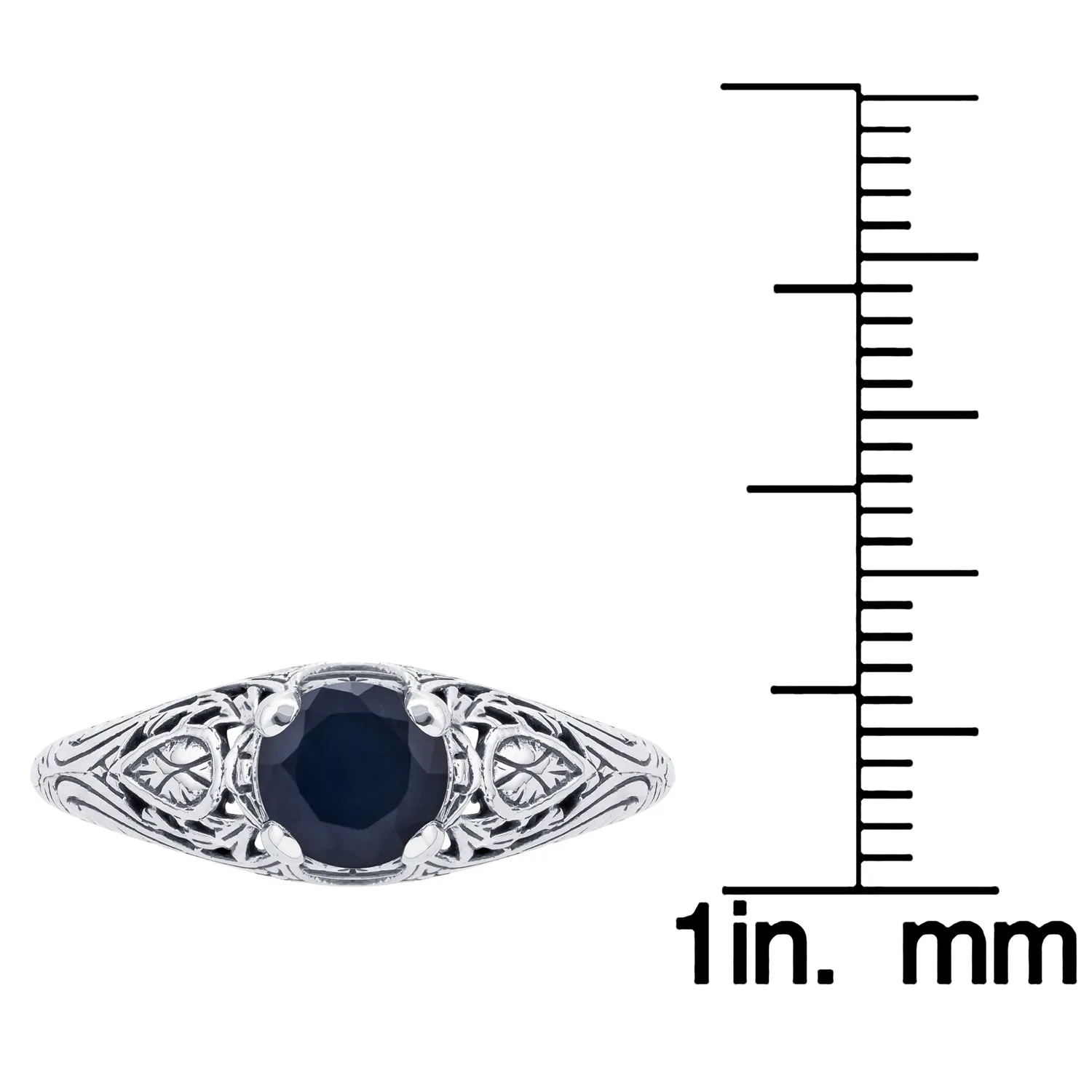 10k  White Gold Vintage Style Genuine Round Sapphire Scroll Ring