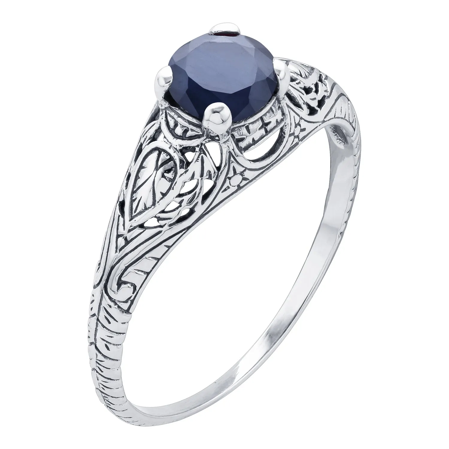 10k  White Gold Vintage Style Genuine Round Sapphire Scroll Ring