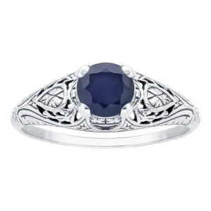 10k  White Gold Vintage Style Genuine Round Sapphire Scroll Ring