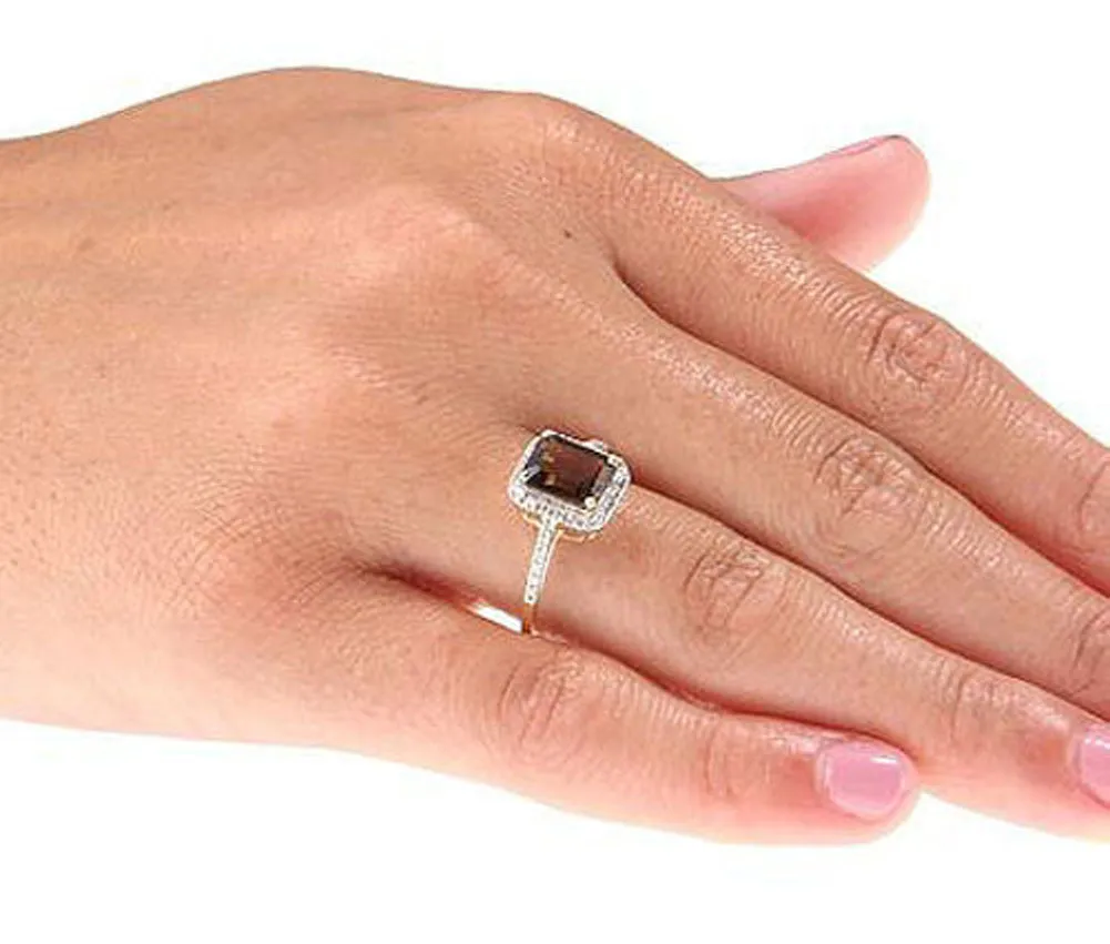 10k Yellow Gold Emerald-Cut Smoky Quartz and Diamond Halo Ring