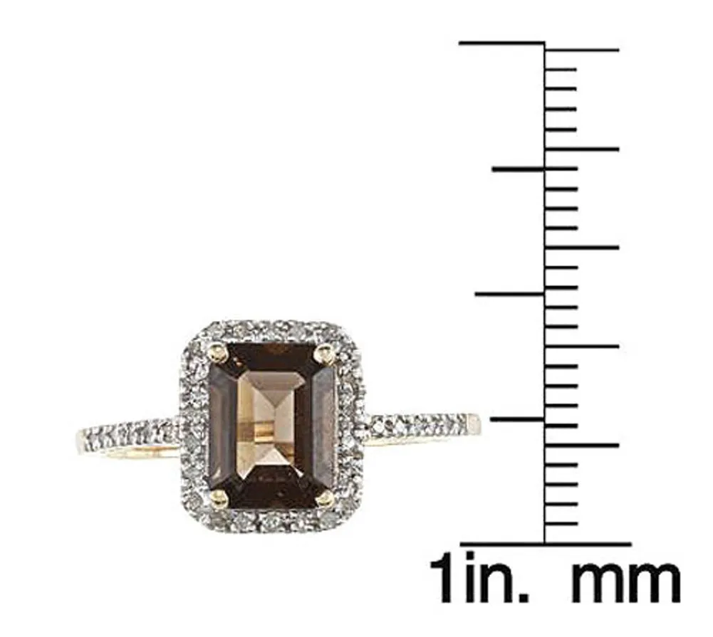 10k Yellow Gold Emerald-Cut Smoky Quartz and Diamond Halo Ring