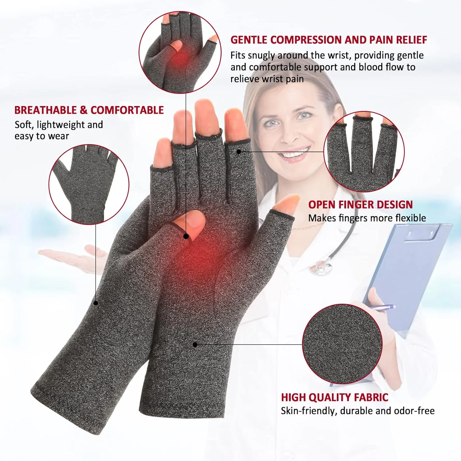 2 Pairs Arthritis Compression Gloves for Women Men, Carpal Tunnel Pain Relief, Fingerless for Typing Both Hands