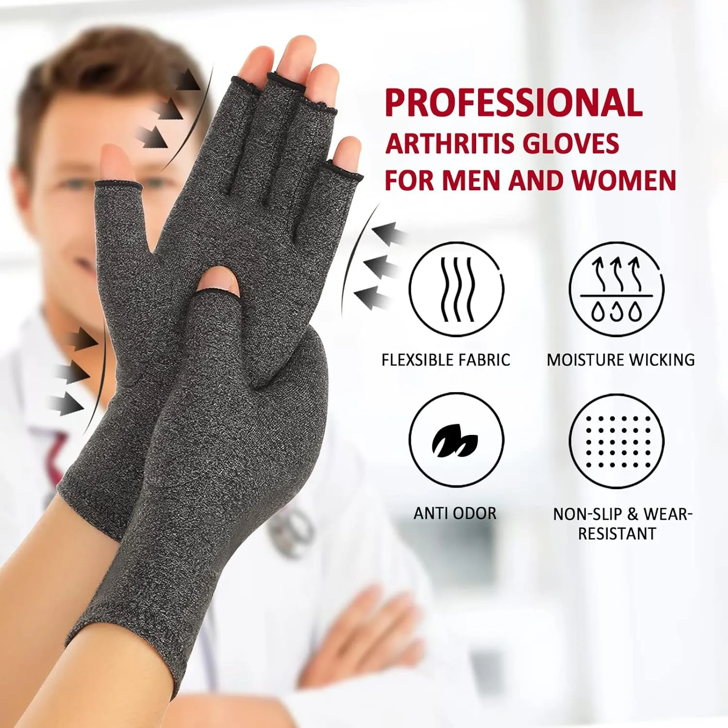 2 Pairs Arthritis Compression Gloves for Women Men, Carpal Tunnel Pain Relief, Fingerless for Typing Both Hands