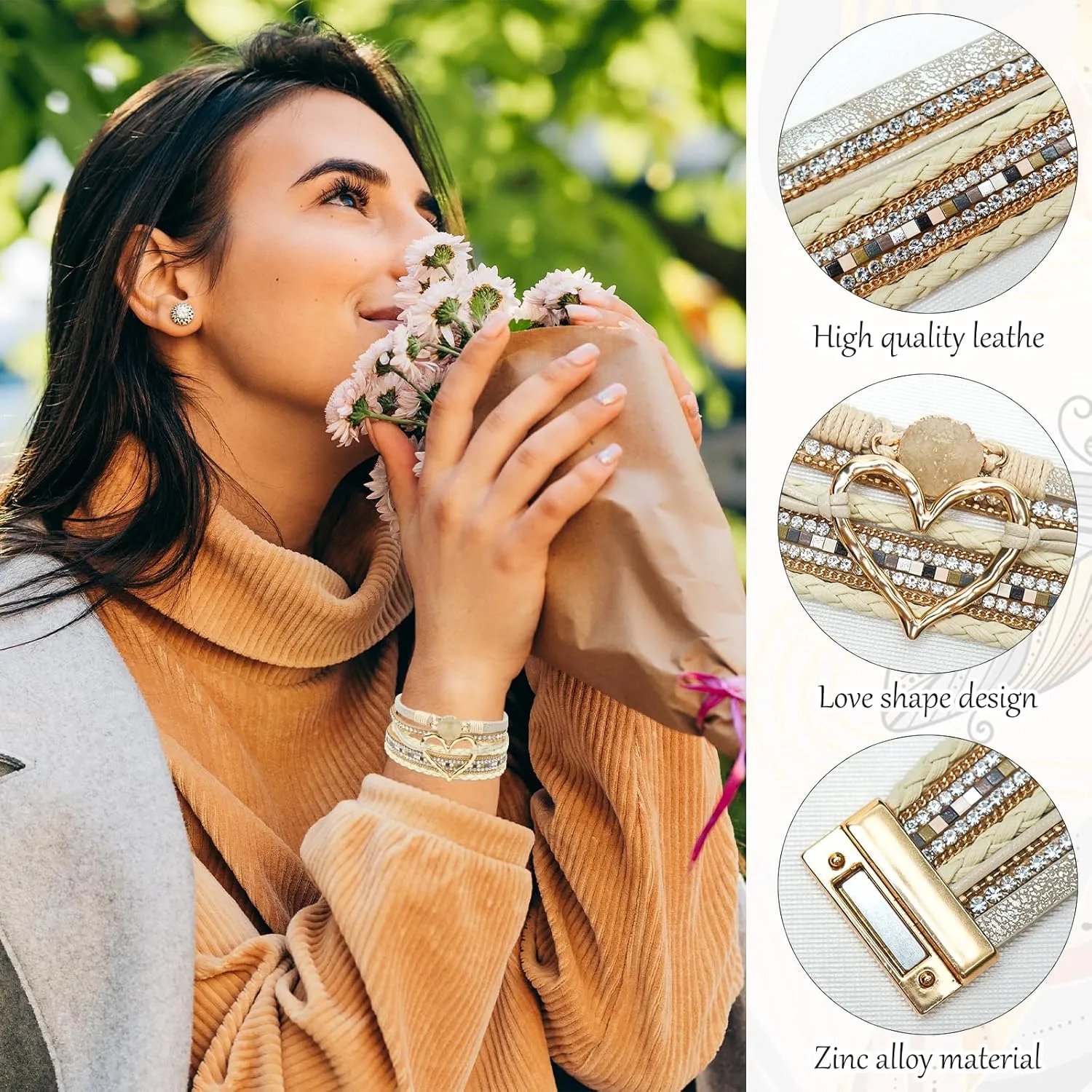 2Pcs Leather Wrap Bracelets for Women, Layered Heart Bracelet with Clasp, Multilayer Stack Boho Wrap Bracelets for Women