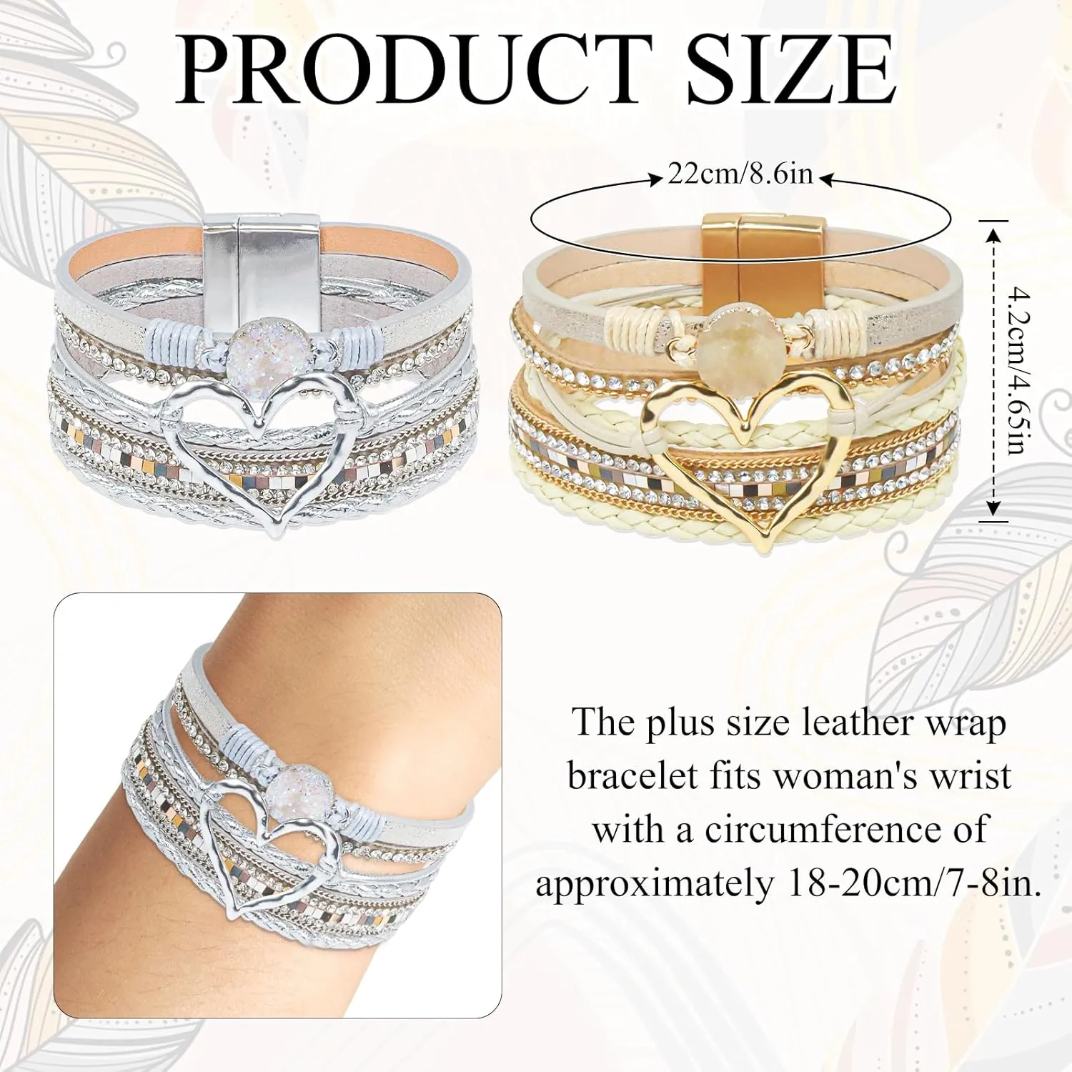 2Pcs Leather Wrap Bracelets for Women, Layered Heart Bracelet with Clasp, Multilayer Stack Boho Wrap Bracelets for Women