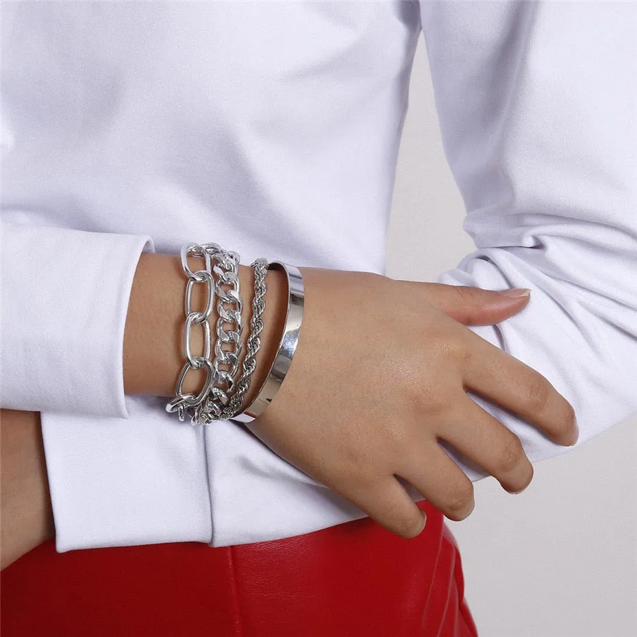 4 pieces Punk Curb Cuban Chain Bracelets Set