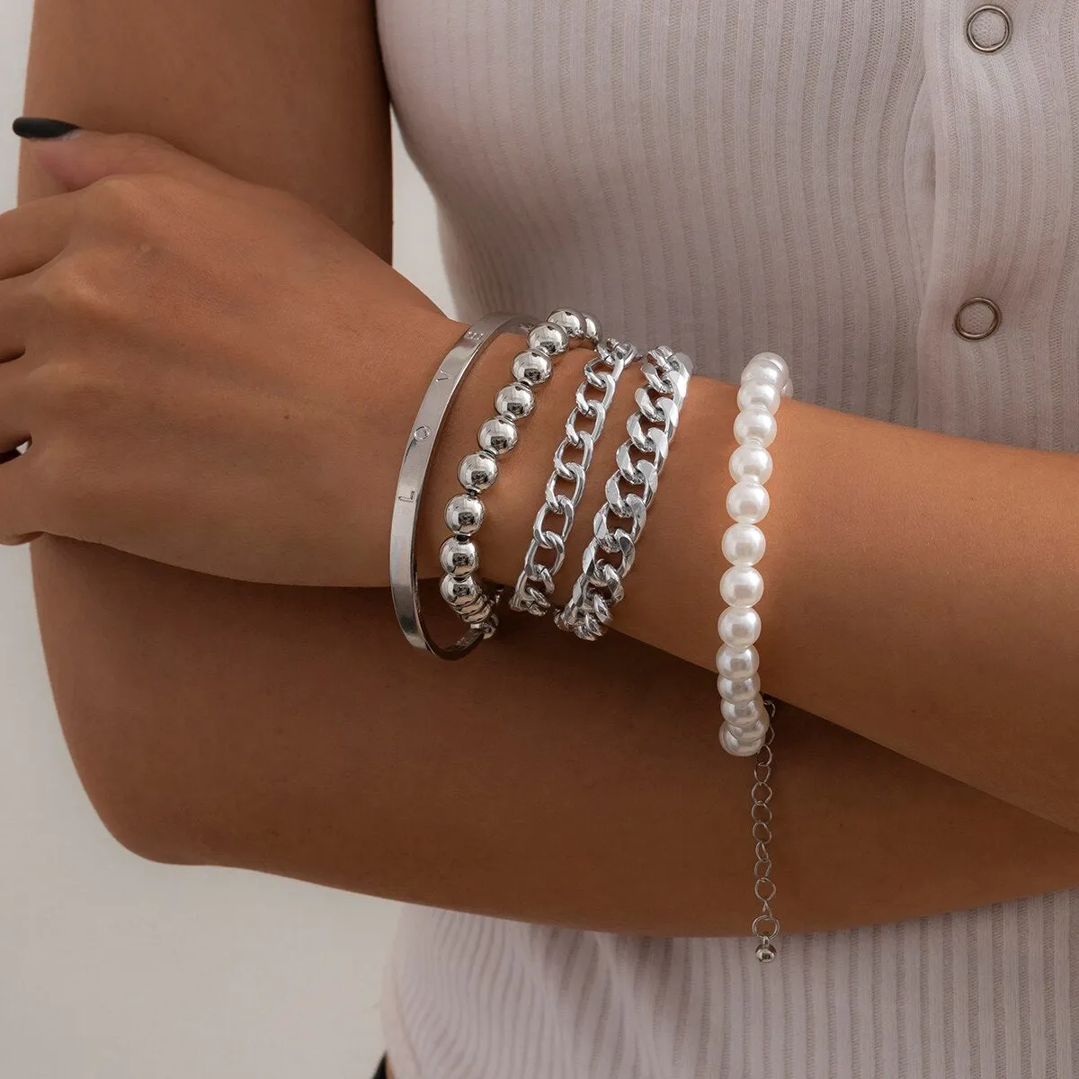 4 pieces Punk Curb Cuban Chain Bracelets Set