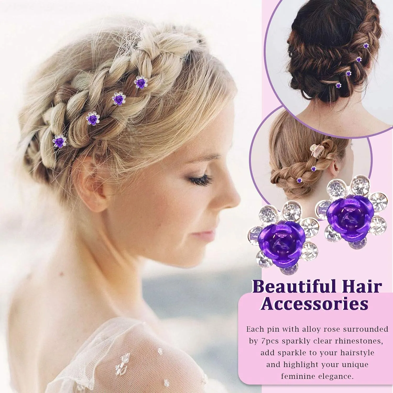 40 Pcs Purple Crystal Hair Pins Rose Flower Rhinestone Hair Clips U Shaped Hair Pins Bobby Pins Bun Hairpins for Wedding Bridal Women Hair Jewelry Accessories with Storage Case