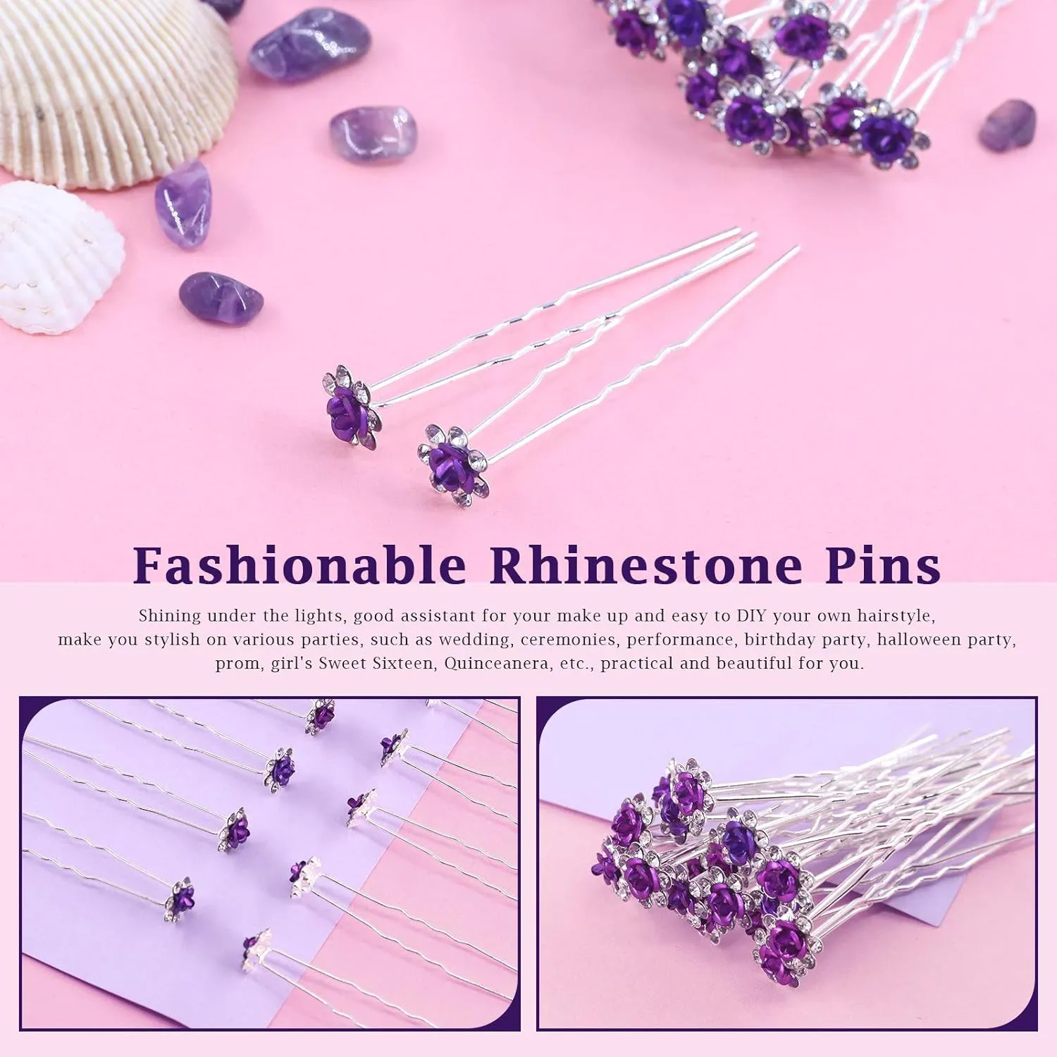 40 Pcs Purple Crystal Hair Pins Rose Flower Rhinestone Hair Clips U Shaped Hair Pins Bobby Pins Bun Hairpins for Wedding Bridal Women Hair Jewelry Accessories with Storage Case