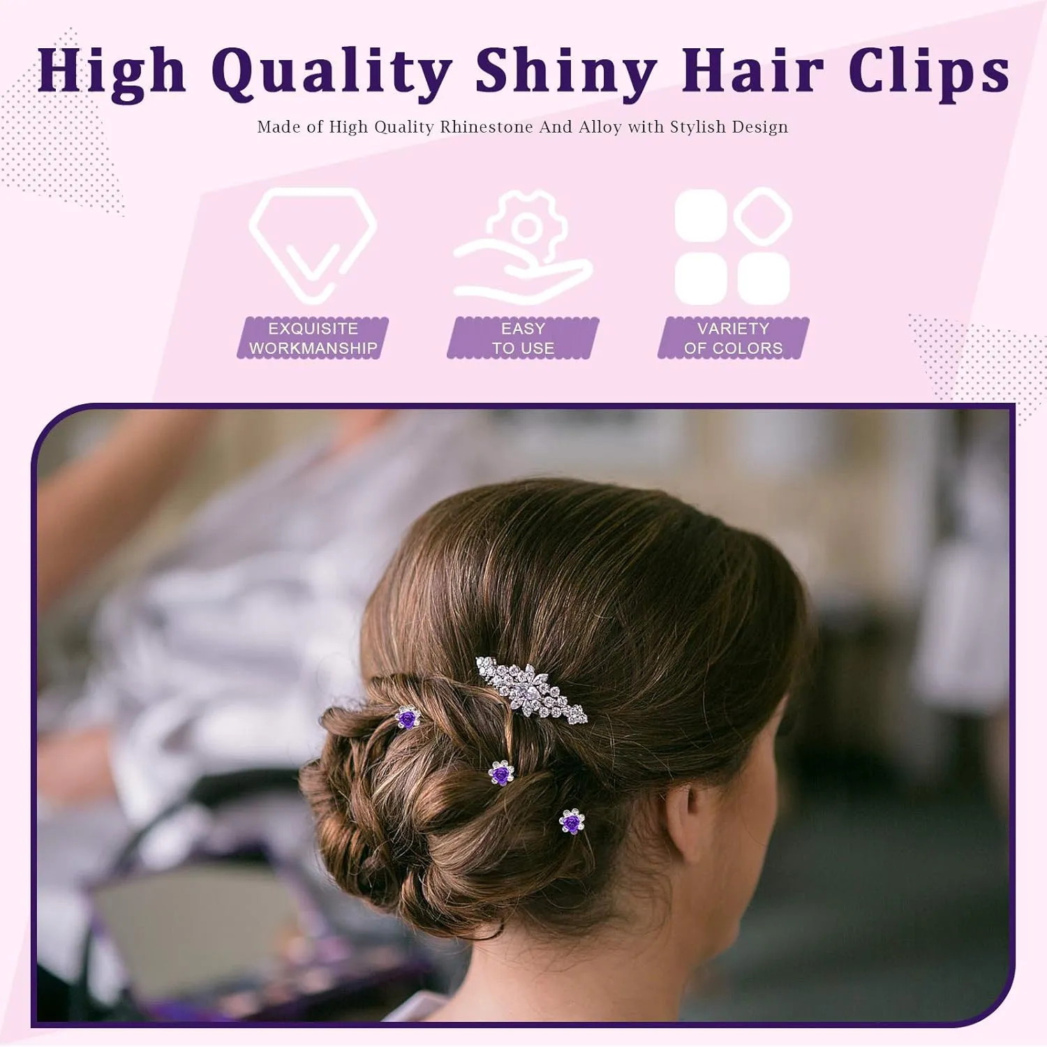 40 Pcs Purple Crystal Hair Pins Rose Flower Rhinestone Hair Clips U Shaped Hair Pins Bobby Pins Bun Hairpins for Wedding Bridal Women Hair Jewelry Accessories with Storage Case