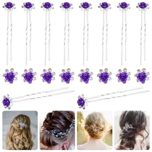 40 Pcs Purple Crystal Hair Pins Rose Flower Rhinestone Hair Clips U Shaped Hair Pins Bobby Pins Bun Hairpins for Wedding Bridal Women Hair Jewelry Accessories with Storage Case