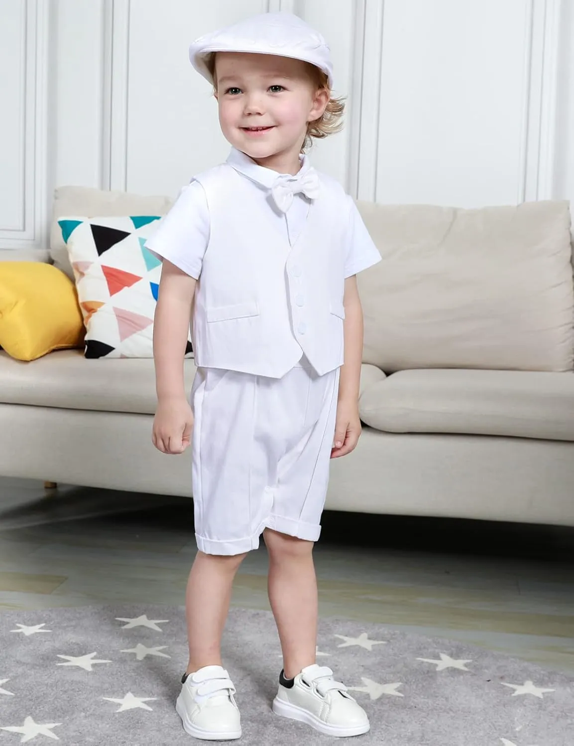 A&J DESIGN 4pcs Baby Boys Suit, Gentleman Outfits 3 Months - 18 Months, Romper & Vest & Berets Hat & Bow Tie