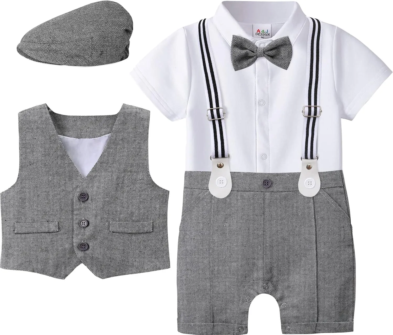 A&J DESIGN 4pcs Baby Boys Suit, Gentleman Outfits 3 Months - 18 Months, Romper & Vest & Berets Hat & Bow Tie