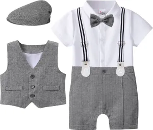 A&J DESIGN 4pcs Baby Boys Suit, Gentleman Outfits 3 Months - 18 Months, Romper & Vest & Berets Hat & Bow Tie