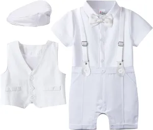 A&J DESIGN 4pcs Baby Boys Suit, Gentleman Outfits 3 Months - 18 Months, Romper & Vest & Berets Hat & Bow Tie