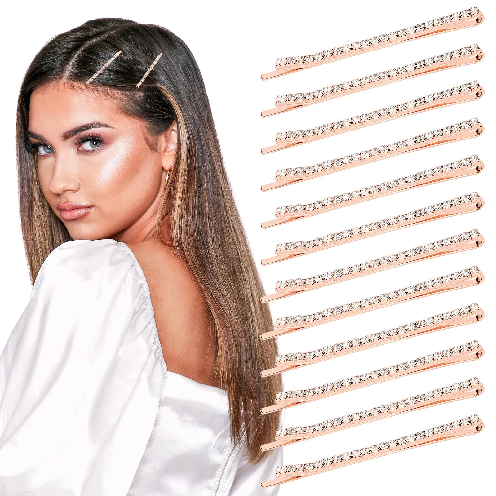 Amariver 24 Pcs Rose Gold Rhinestone Bobby Pins Small Crystal Bobby Pins Bulk for Lady Women Sparkly Hair Clips Pin Shiny Hairpins Glitter Hairpins Styling Hair Accessories for Women Girls