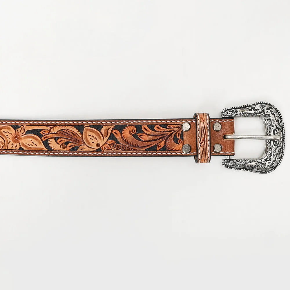 American Darling Hand Tooled Carved Unisex Genuine American Leather Belt Black Inlay Brown