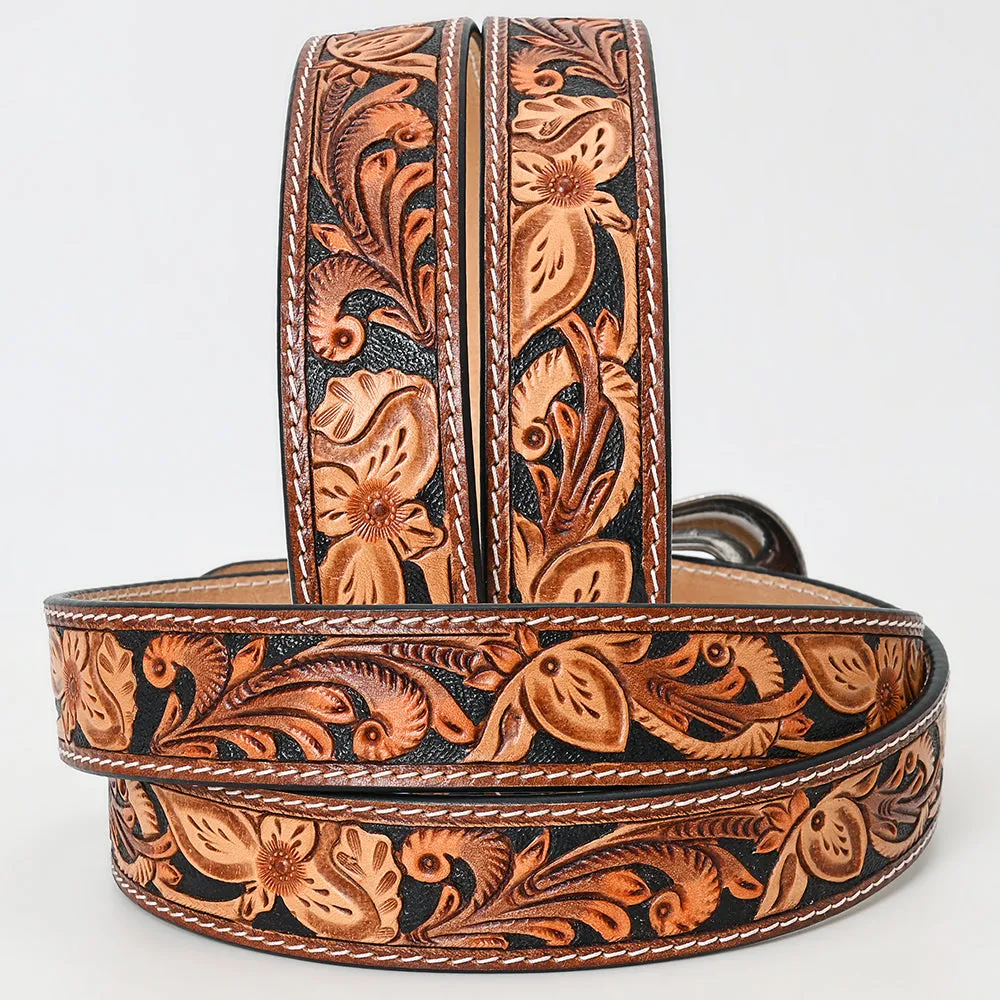 American Darling Hand Tooled Carved Unisex Genuine American Leather Belt Black Inlay Brown