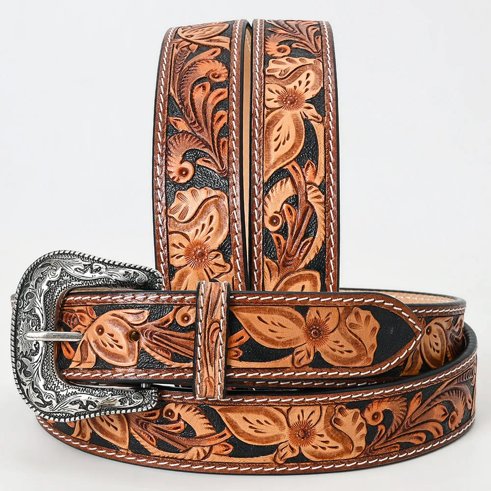 American Darling Hand Tooled Carved Unisex Genuine American Leather Belt Black Inlay Brown