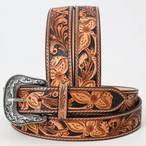 American Darling Hand Tooled Carved Unisex Genuine American Leather Belt Black Inlay Brown
