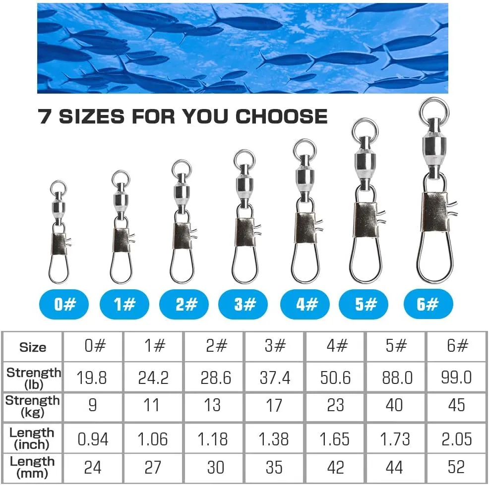 AMYSPORTS Fishing Swivels with Interlock Snap Ball Bearing Swivels Fishing Snap Swivels Saltwater Freshwater Fishing Tackle Leader Lure Jigs Line Fishing Connector
