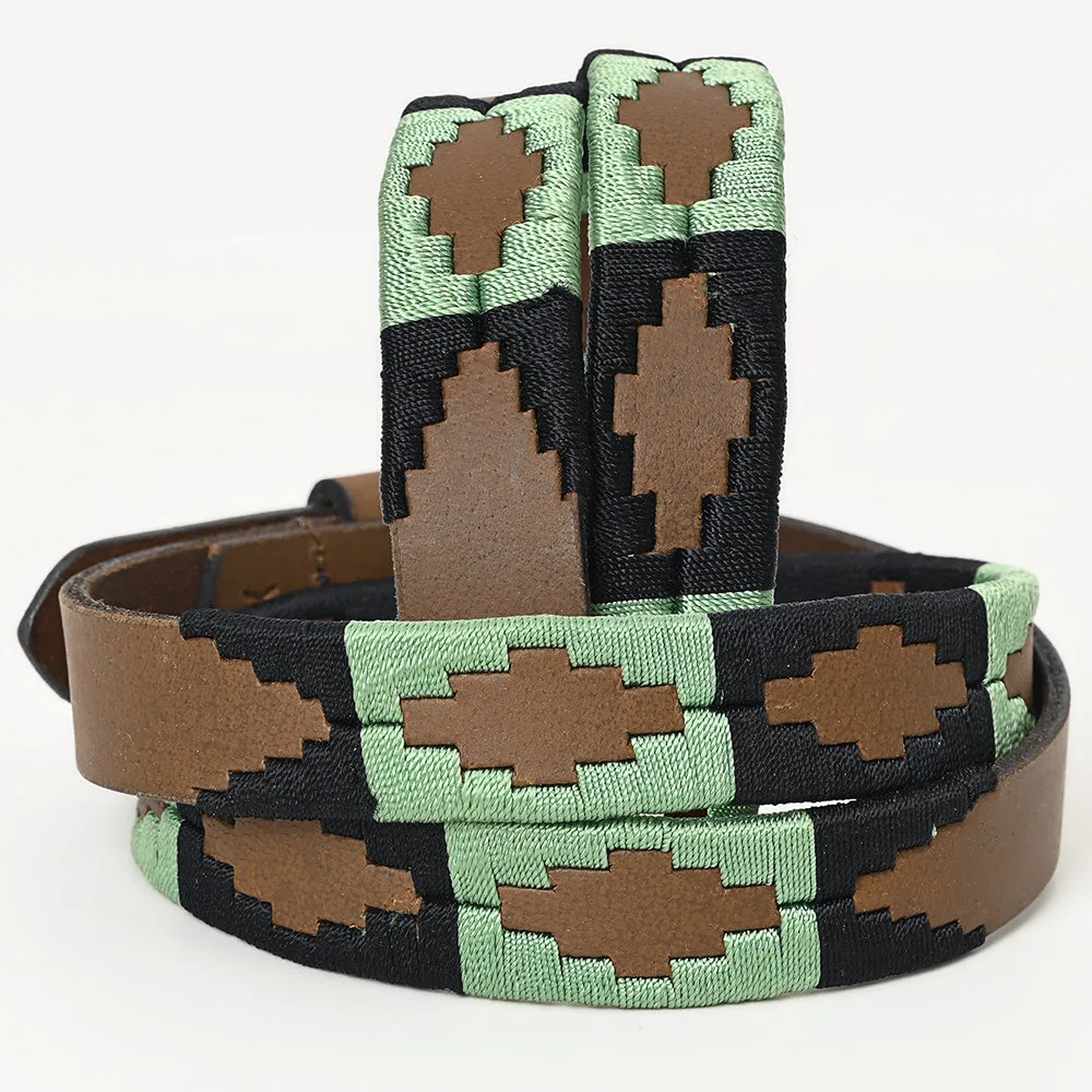 BAR H EQUINE Western Genuine Leather Men And Women Brown Belt Embroidered Black & Light Green