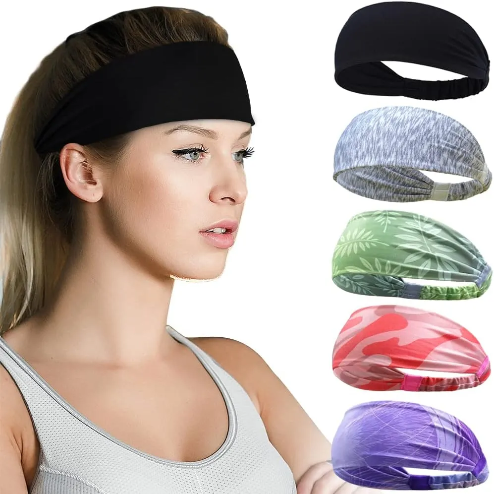 Beister Sports Headbands for Men & Women (5 Pack), Moisture Wicking Sweatbands, Elastic Non Slip Sweat Bands, Athletic Workout Fashion Wide Hair Bands for Running, Cycling, Basketball, Yoga