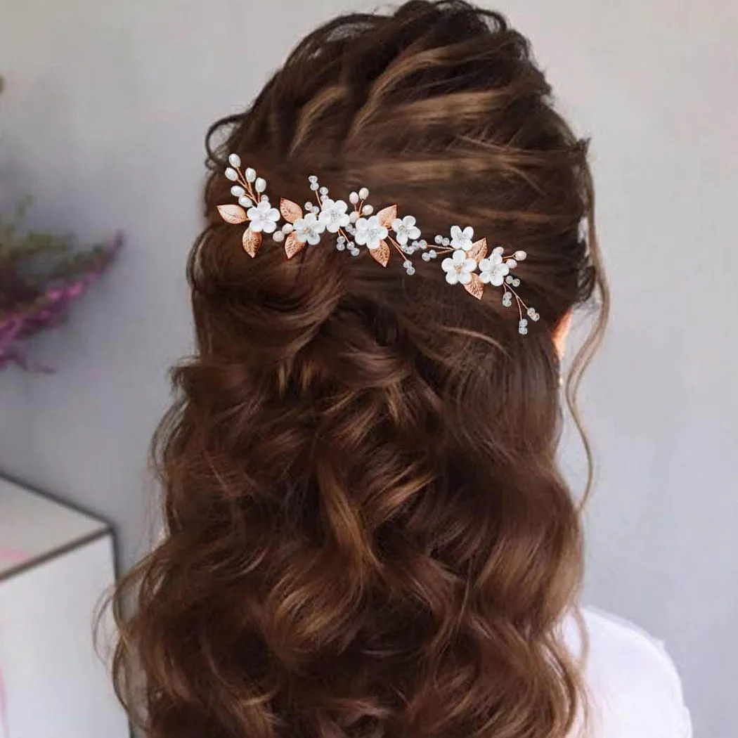 Casdre Flower Bridal Hair Pins Pearl Bride Wedding Hair Accessories Rhinestone Hair Piece for Women and Girls(Pack of 3) (C Rose Gold)