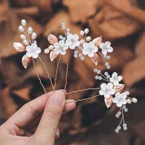 Casdre Flower Bridal Hair Pins Pearl Bride Wedding Hair Accessories Rhinestone Hair Piece for Women and Girls(Pack of 3) (C Rose Gold)