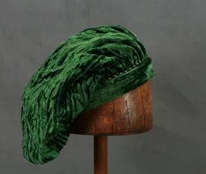 Crushed Velvet Beret - Green Long / Gold Trim