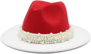 DHAEY New Two-Color Woolen Hat Female Pearl Ribbon Accessories Double-Sided Color Contrast Jazz Hat Wedding Felt Hat Luopan Caps & Hats(Red White)