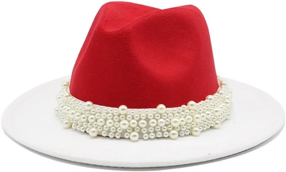 DHAEY New Two-Color Woolen Hat Female Pearl Ribbon Accessories Double-Sided Color Contrast Jazz Hat Wedding Felt Hat Luopan Caps & Hats(Red White)