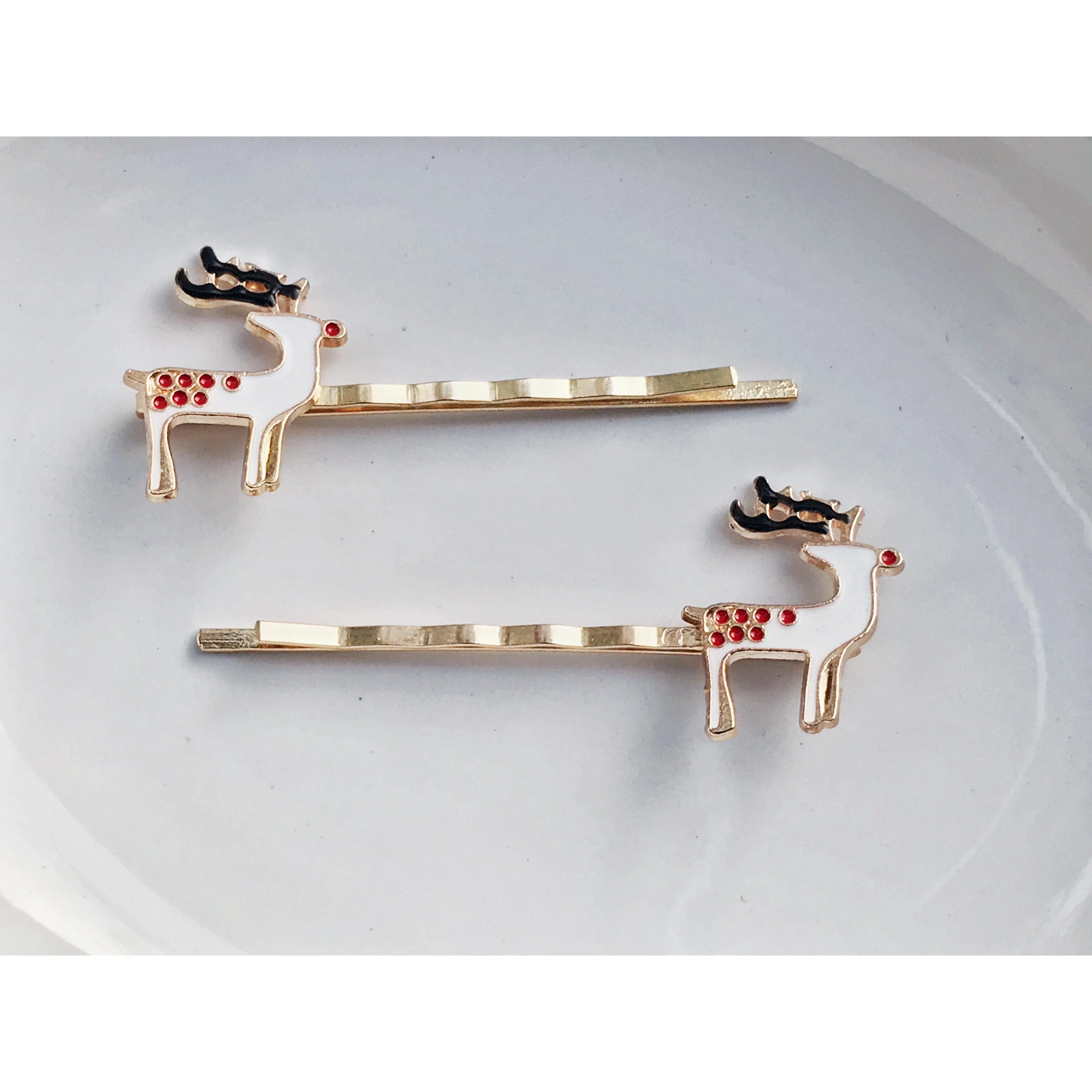 Enamel Reindeer Christmas Hair Pins - Festive Holiday Accessories