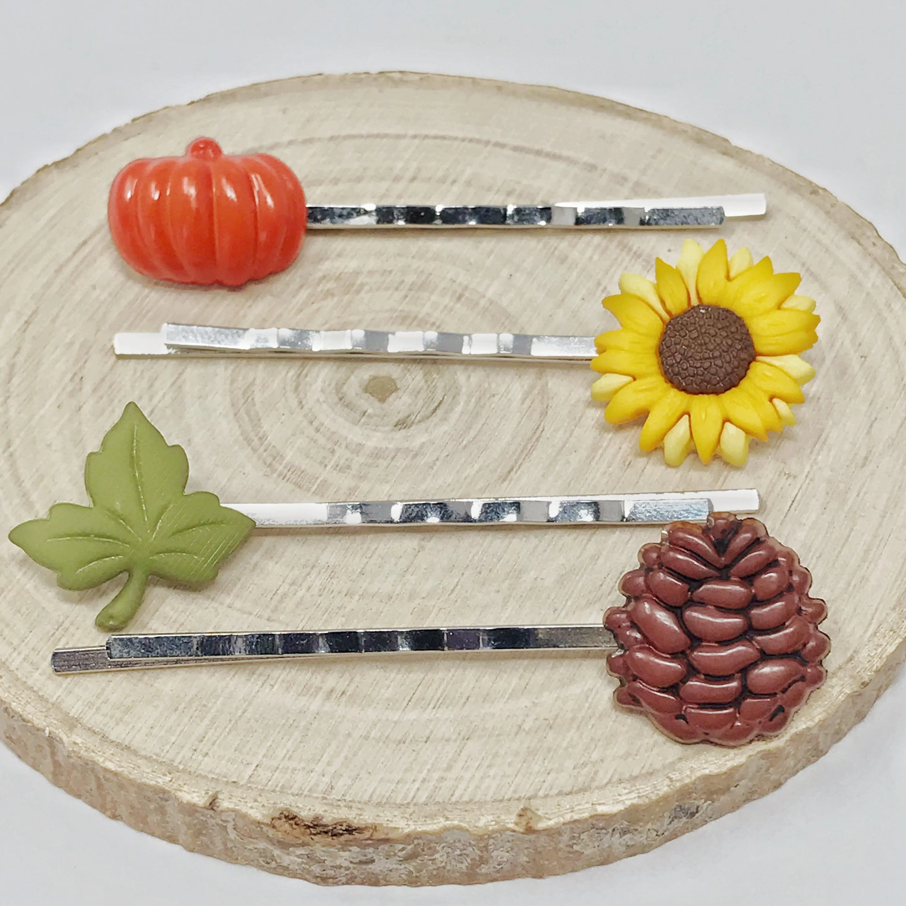 Fall Pumpkin, Pinecone, Sunflower, & Leaf Hair Pin Set - Autumn-Inspired Hair Accessories
