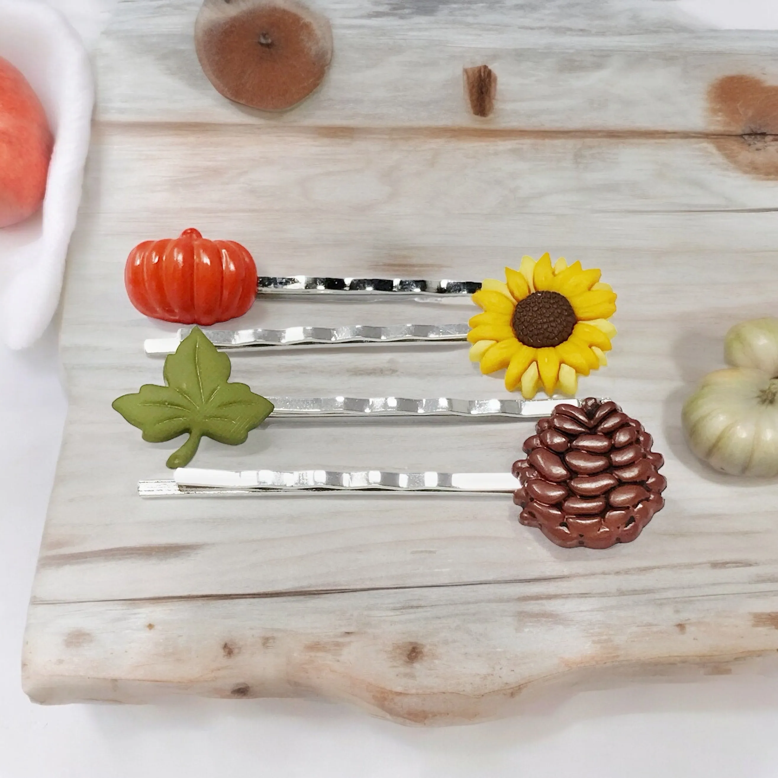 Fall Pumpkin, Pinecone, Sunflower, & Leaf Hair Pin Set - Autumn-Inspired Hair Accessories